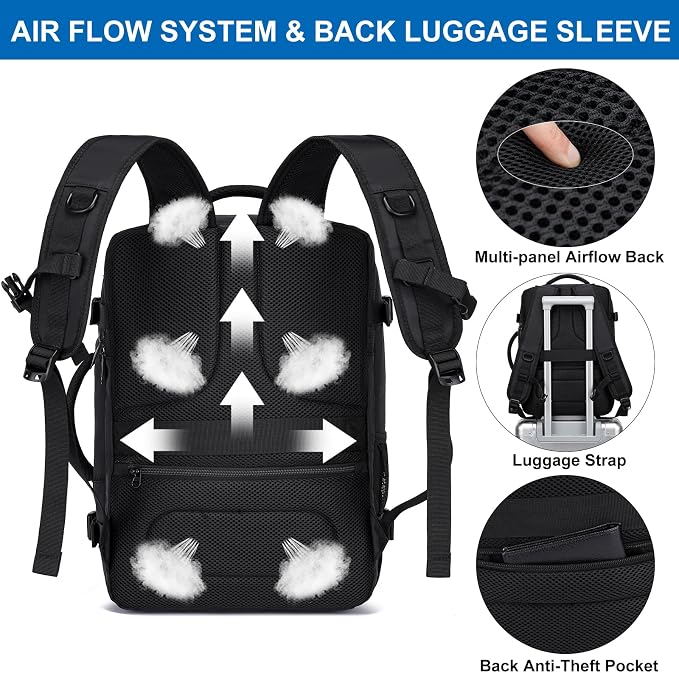 Travel Backpack for Men,Airplane Approved Carry On Backpack Suitcase with Shoe Pouch, Luggage Bag TSA 15.6inch Laptop Mochila Flight Approved Personal Item Travel Bag Bookbag Travel Essentials,Black