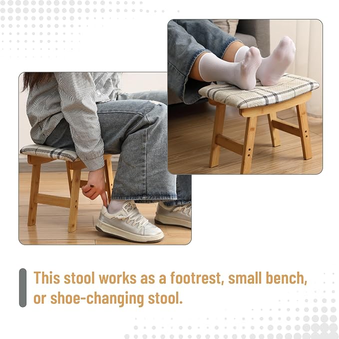 BAMBOO LAND- Bamboo Foot Stools Ottoman, Stripes Beige Cushion & Natural Wood Legs, Small Ottoman Foot Rest for Couch