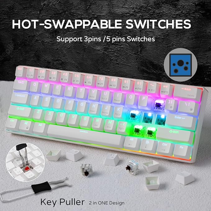 RK ROYAL KLUDGE RK61 60% Mechanical Keyboard with Coiled Cable, 2.4Ghz/Bluetooth/Wired, Bluetooth 61 Keys, Wireless RGB Hot Swappable Brown Switch Gaming Mini Keyboard with Software - White