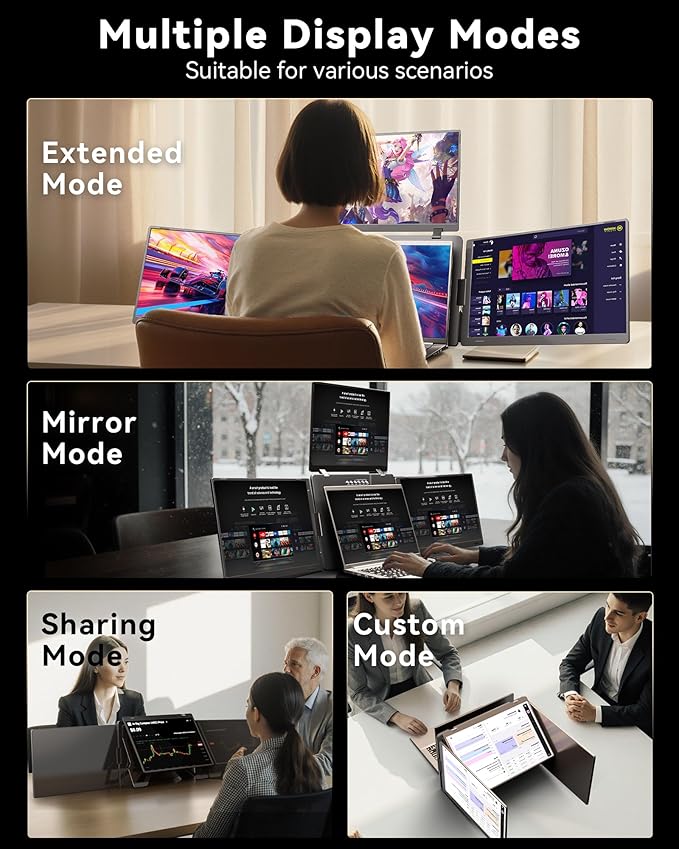 14" Portable Monitor for Laptop Screen Extender, FHD 1200P IPS Triple Screen Laptop Monitor Extender, 1 Cable for 3 Screen Travel Monitor for 12"-16.5" Laptop, Compatible with Win and Mac-S780 Pro