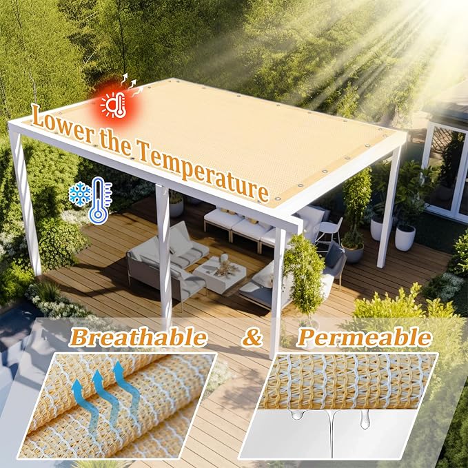 Shade&Beyond Customized Size 90% Sun Shade Cloth with Grommets, 8' X 14' Pergola Shade Cover Canopy, Mesh Tarp Sun Screens for Patio, Outdoor, Garden, Backyard GN01, Wheat
