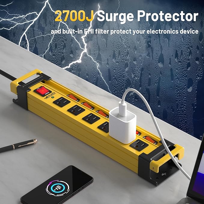 Power Strip Surge Protector 2700J with Individual Switches and Flat Plug, 12FT Heavy Duty Cord 6 Wide Spaced Outlet Mountable Metal Power Strips with Cord Manager and Hanger