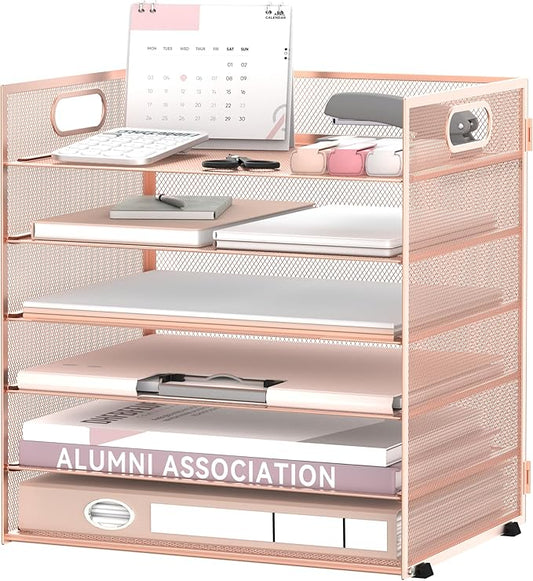 Daltack 6 Tier Paper Organizer for Desk, Paper Letter Tray Organizer for Desks, Mesh Desk File Organizers with Handle for Office, Home, School, Rose Gold