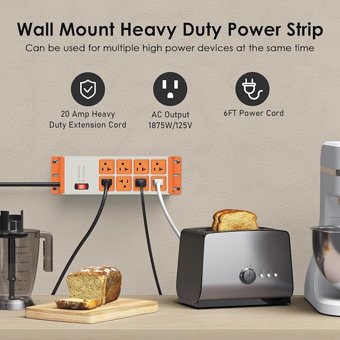 JUNNUJ Heavy Duty Surge Protector 4800J, Garage Metal 8 Outlets 20 Amp 12 Gauge, High Amp 5-15P Adapter Shop 6-20R T-Slot Industrial Outlet, 6 FT Extension Cord Commercial for Appliance, Grey