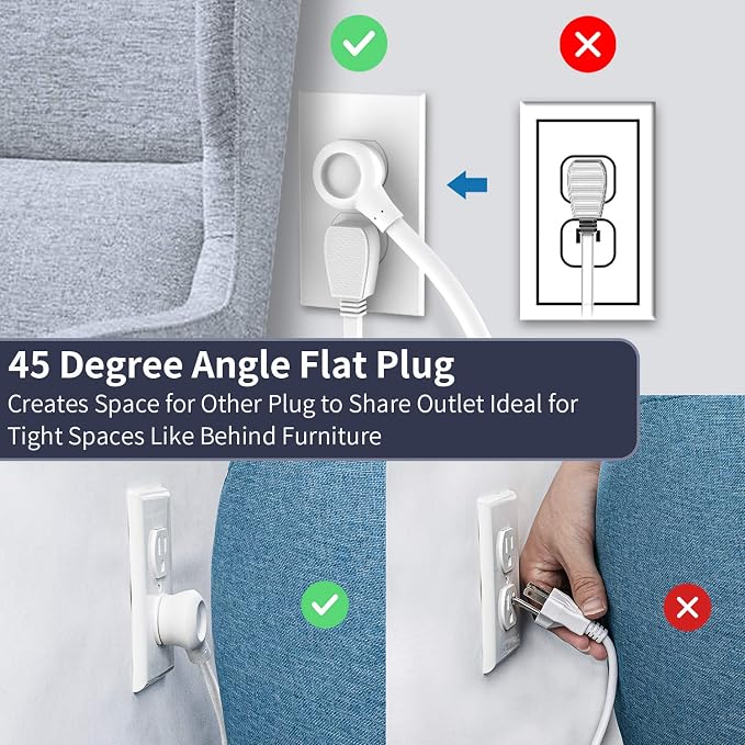 15 ft Extension Cord Flat Plug Power Strip, NTONPOWER 2100 Joules with 12 Outlet 3 USB Port, 1875W/15A, Overload Protection, Long Cord Wall Mountable for Home Office Accessories, White