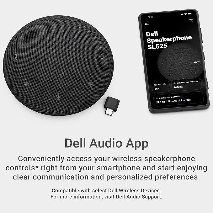 Dell Pro Plus Wireless Speakerphone - SL525 - USB-C, Zoom/Microsoft Teams Certified, Wired/Wireless, Bluetooth 5.3, Omni-Directional, AI-Based Noise Cancellation