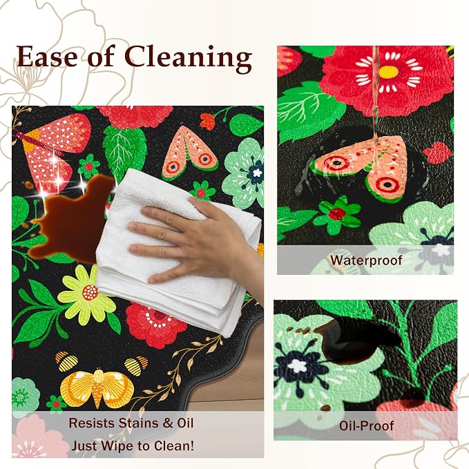 Arenarug Scalloped Black Kitchen Mats for Floor 2PC Cushioned Anti Fatigue Kitchen Mats Rugs Waterproof Non Slip Farmhouse Boho Floral Comfort Foam Standing Mat for Sink Laundry