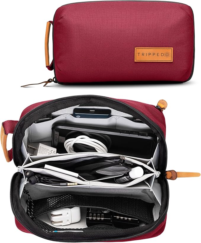 Tech Bag Organizer - Small Electronics Organizer Pouch for Travel - Premium Travel Case with Leather Accents - Mesh Pocket for Cables, Cords and Chargers (Red)