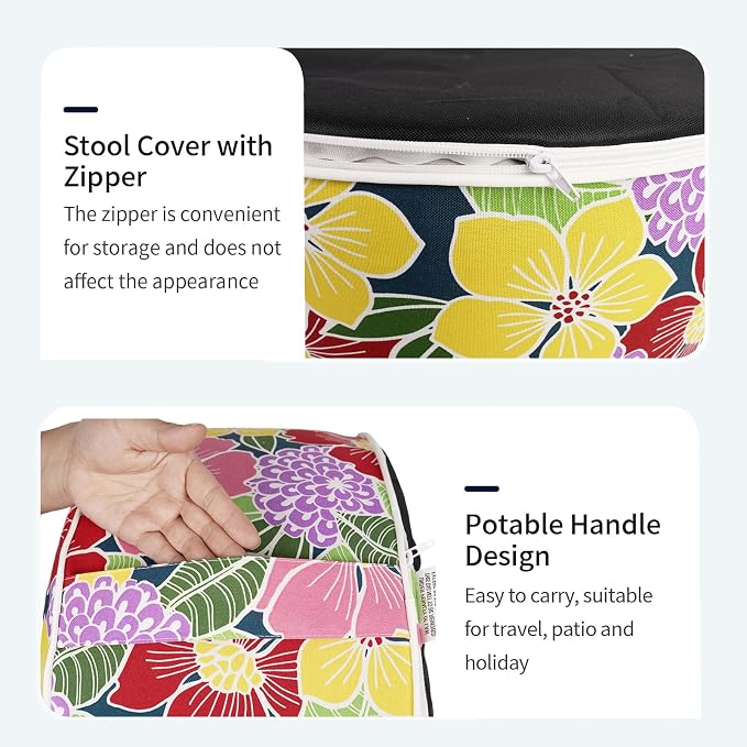 DYTXIII Inflatable Ottoman Stool D21 xH9 for Outdoor/Indoor Use, Water Repellent Patio Foot Rest with Portable Handle,Round Pouf Ottoman Suitable for Garden,Deck and Camping-Flower Bloom