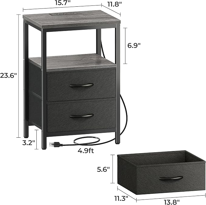 Huuger Nightstand with Charging Station, Side Table with Fabric Drawers, End Table with Open Shelf, Bedside Table with USB Ports and Outlets, Night Stand for Bedroom, Charcoal Gray