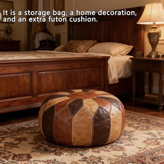 Thgonwid Unstuffed Moroccan Faux Leather Pouf Ottoman with Storage - Handmade Boho Chic Multi-Use Footrest for Living Room, Bedroom, Patio - Round Ethnic Floor Cushion & Decorative Accent, Tricolor