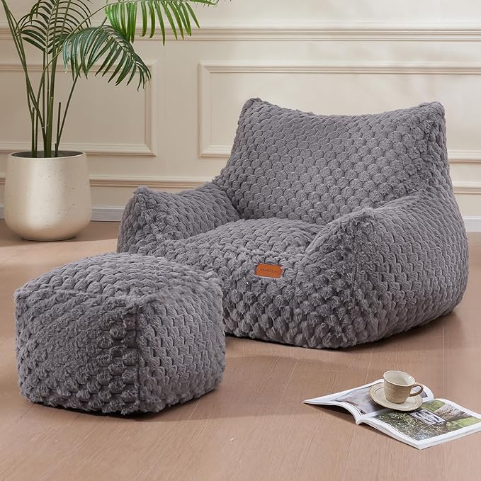 Gaming Chair Comfy Bean Bag Couch Sofa Chair for Bedroom, Modern Faux Fur Reading Bean Bag Chairs for Adults Teens, Living Room Adult Bean Bag Chair with Footrest