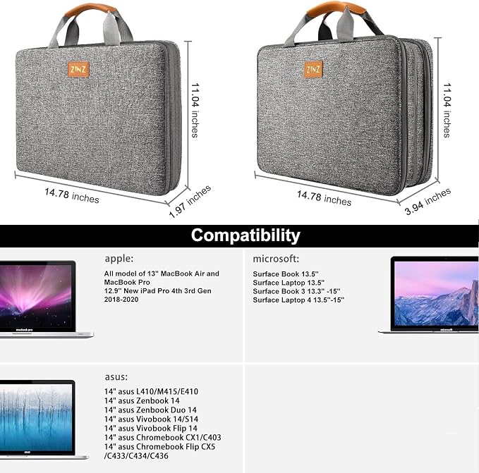ZINZ Expandable Laptop Case 13-13.3-14 Sleeve Compatible with MacBook Pro/Neo 14" M5/M4/M3/M2/M1, MacBook Air/Pro 13", XPS 13/14, Surface Book/Laptop 13.5" and Most 13-14 inch Notebooks，D01G01