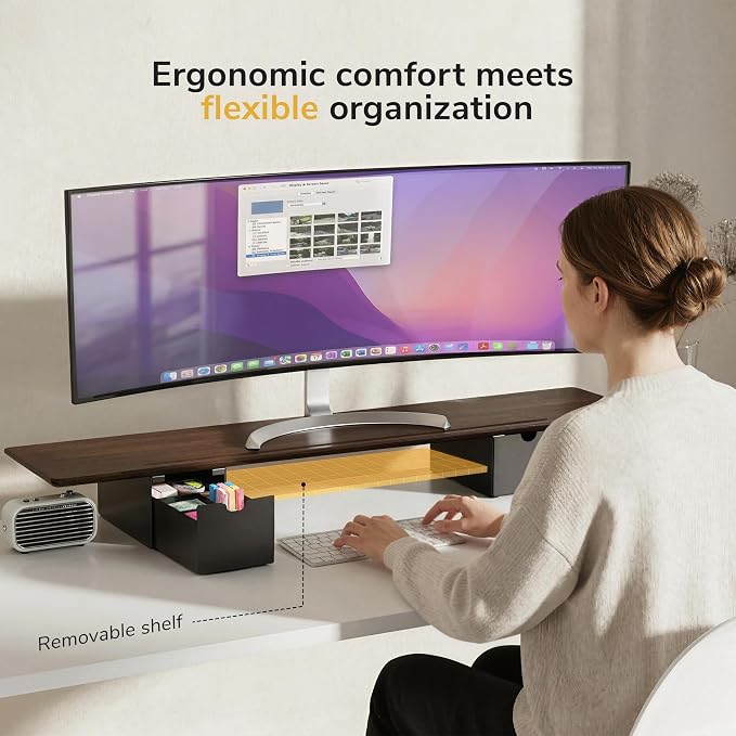 Mount-It! Extra Wide 39" Dual Monitor Stand Riser with 2 Drawers, Holds 66 lbs, Real Wood Platform, Built-In Device Slot, Removable Shelf, Home Office Desk Organizer