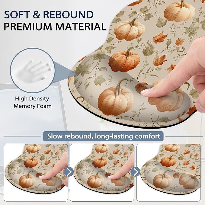 Pumpkin Wrist Rest Support for Mouse Pad Keyboard Set, Autumn Maple Leaves Mouse Pad with Non Slip Rubber Base for Home and Office Typing Support