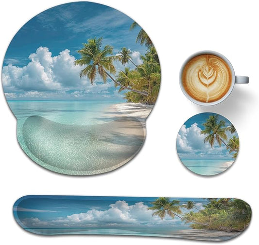 Wrist Rest Support for Mouse Pad Keyboard Set, Hawaii Beach Palm Tree Mouse Pad with Non Slip Rubber Base for Home and Office Typing Support