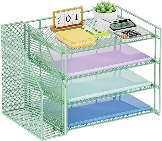 Marbrasse Desk Organizer and Accessories，4-Tier Paper Letter Tray Organizer with File Holder，Desk Accessories & Workspace Desktop Organizers for School Home Office Supplies (Green)