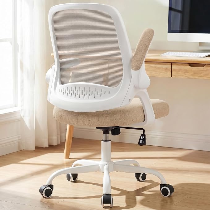 NEO CHAIR Office Chair Computer Desk Chair Ergonomic Gaming Comfy Mesh with Flip-up Arms Lumbar Support Adjustable Height Rolling Wheels for Home Office (Beige)