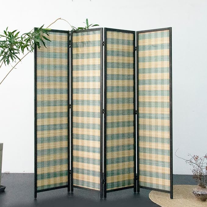 Furnnylane 4 Panel Bamboo Room Divider - 5.6 ft Tall (67" H x 63" W), Double-Sided Folding Privacy Screen in Blue Woven Stripe, No-Drill Freestanding Partition for Home Office & Bedroom