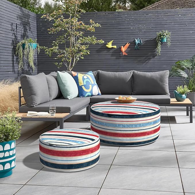 DYTXIII Inflatable Ottoman Stool D31 xH14 for Outdoor/Indoor Use, Water Repellent Patio Foot Rest Stool with Portable Handle,Round Pouf Ottoman Suitable for Garden,Deck and Camping - Stripe Red Blue