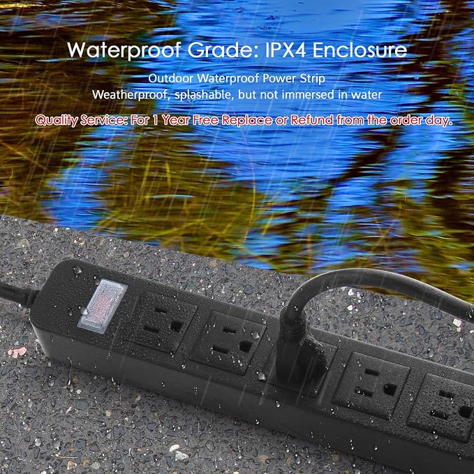 Outdoor Power Strip Waterproof with 5 Outlets, Garden Weatherproof Surge Protector, Christmas Multiple Outlet Exterior Socket for Lighting Appliances. 25FT Extension Cord Strip with Flat Plug. Black