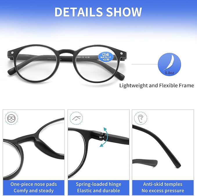 Reading Glasses Blue Light Blocking - Spring Hinges Round Eyeglasses for Men Women,4 Pairs Mix Color Anti Glare Filter Lightweight Readers (4 Pairs Mix Color, 2.00)