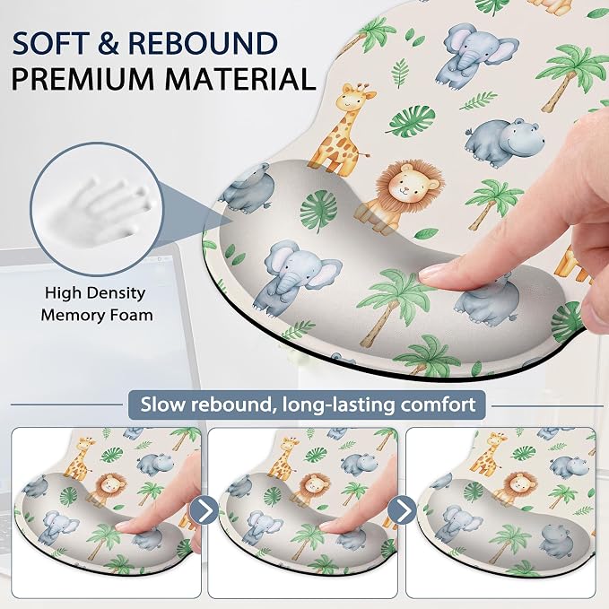 Cute Animals Ergonomic Keyboard and Mouse Wrist Rest Set, Lions Giraffes Elephants Mouse Pad with Non Slip Base, Soft Cloth Surface for Office and Home Typing Support