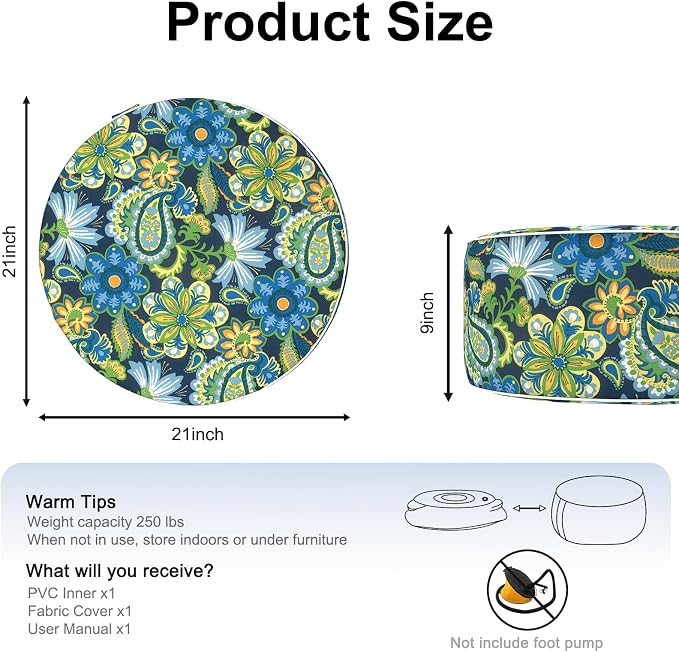 DYTXIII Inflatable Ottoman Stool D21 xH9 for Outdoor/Indoor Use, Water Repellent Patio Foot Rest with Portable Handle,Round Pouf Ottoman Suitable for Garden,Deck and Camping-Flower Child