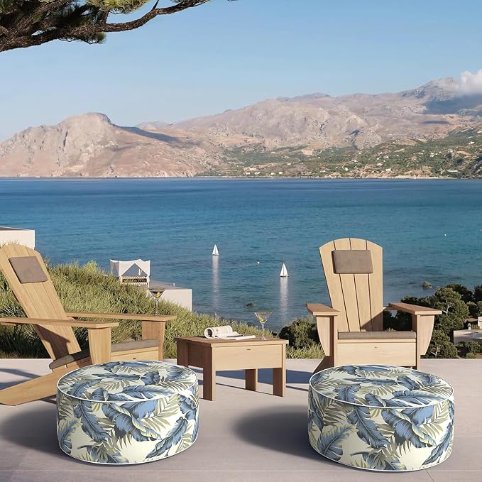 DYTXIII Inflatable Ottoman Stool D21 xH9 for Outdoor/Indoor Use, Water Repellent Patio Foot Rest with Portable Handle,Round Pouf Ottoman Suitable for Garden,Deck and Camping-Lush Palm Blue