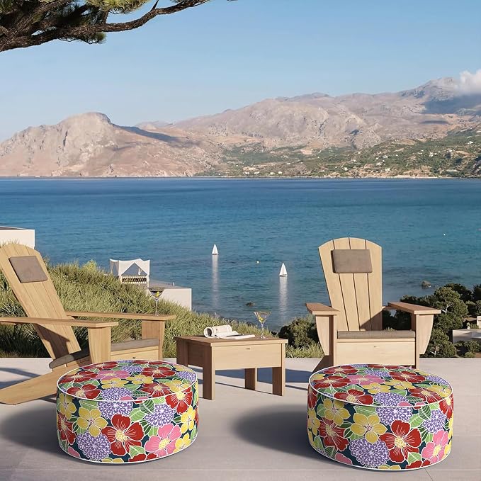 DYTXIII Inflatable Ottoman Stool D21 xH9 for Outdoor/Indoor Use, Water Repellent Patio Foot Rest with Portable Handle,Round Pouf Ottoman Suitable for Garden,Deck and Camping-Flower Bloom