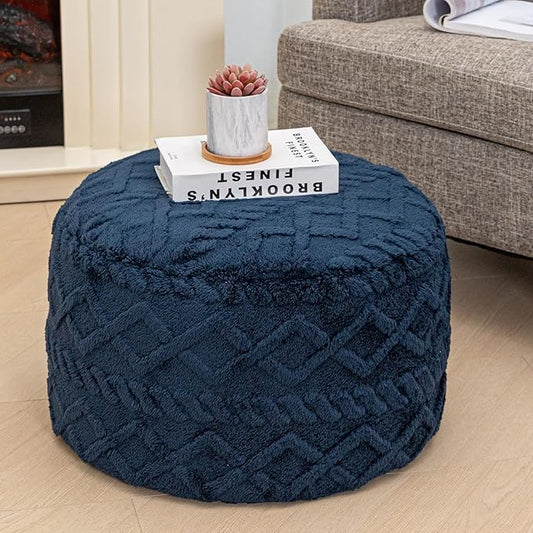 Poofieotto Unstuffed Pouf Ottoman Cover Handmade Footstool Ottoman Storage Solution Floor Pouf Footrest Cushion 20Diameter x12Height Inches for Living Room Wedding Bedroom Navy Blue No Filler