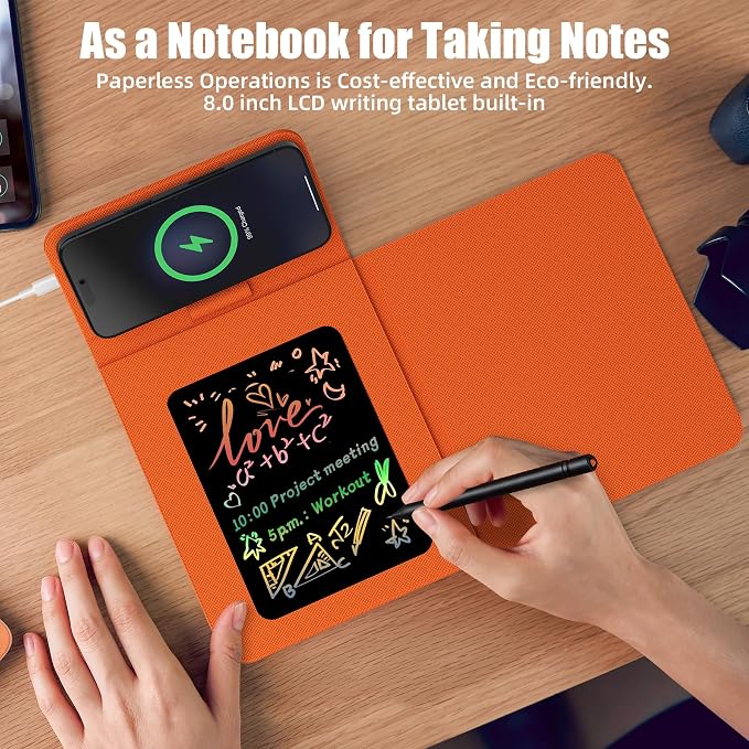 Foldable Wireless Charging Mouse Pad with LCD Writing Tablet,15W Qi Magnetic Fast Charging Mouse Mat,Multi-functional PU Leather Charging Pad for iPhone Samsung iWatch,Portable Office Home Accessories