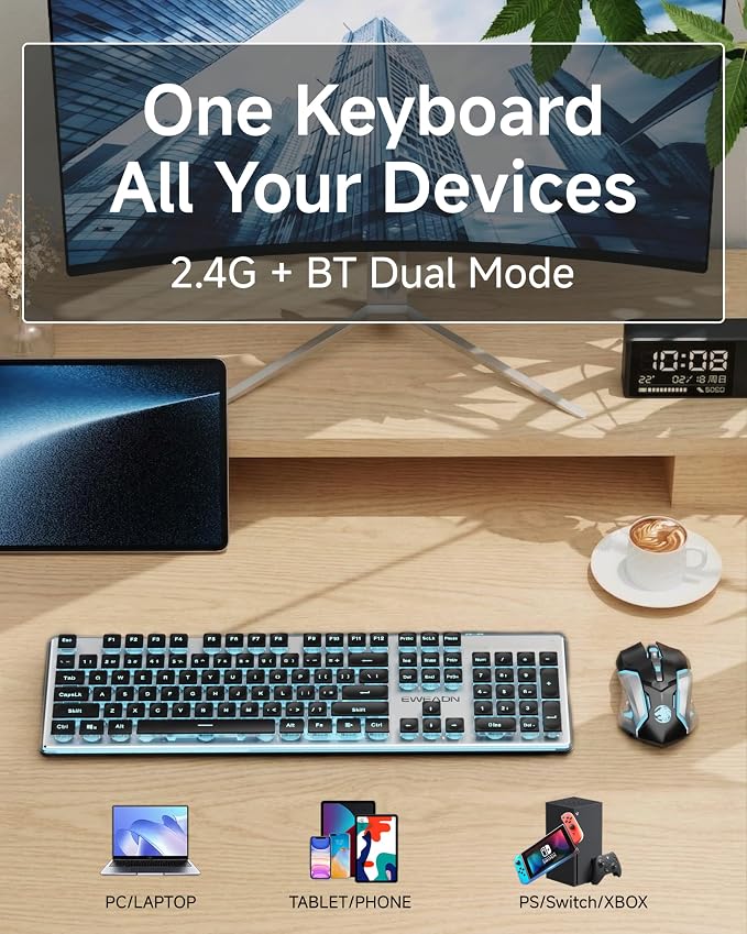 SEUNKWANG EWEADN V3 Wireless Keyboard and Mouse with Blue Backlit, Metal Panel, Bluetooth/2.4G Rechargeable Computer Keyboard and Mouse Combo Silent Lighted Full Size Cordless Keyboards-Black