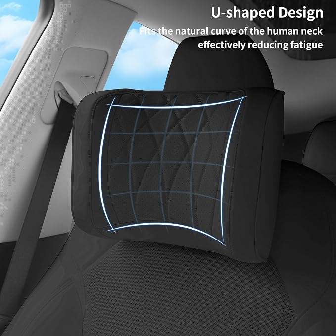 Car Headrest Leather Memory Foam Neck Pillow for Driving with Leather Soft Comfortable Seat Head Pillow Cushion / Car Neck Pillow SUV Sedan Relieving Neck Stiffness Seat Neck Support Pillow Black 2PC