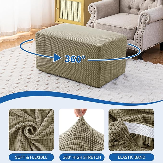 Ottoman Covers Ottoman Slipcovers Folding Storage Stool Washable Furniture Protector,Elastic Foot Stool Foot Rest Protector for Living Room Bedroom,Large,Khaki
