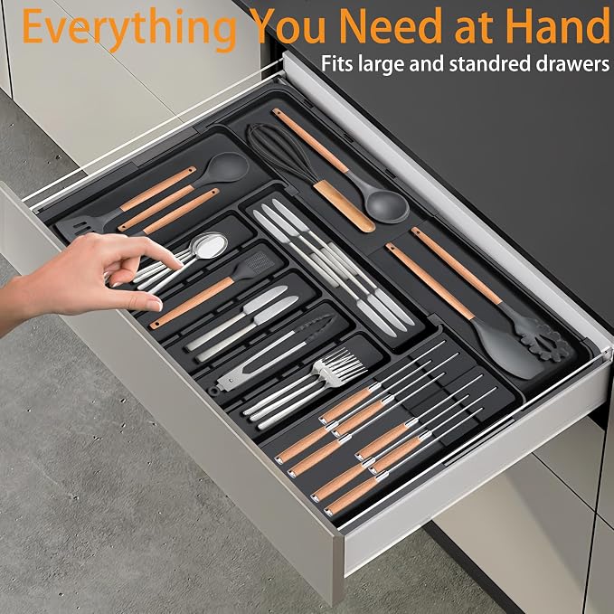 Homecor Silverware Organizer - Expandable Large Kitchen Drawer Organizer Utensil Organizer with 2 Removable Knife Blocks, 22"x 19"Cutlery Tray Drawer Dividers for Kitchen Flatware(6-9 Slots) (Black)