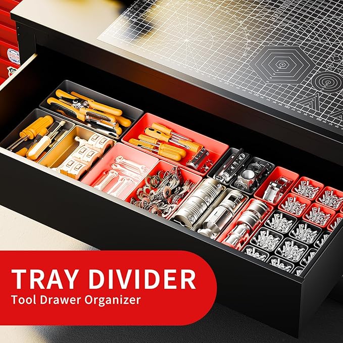 [5 Sizes] [69 PCS] Tool Drawer Organizer, Desk Tray, Rolling Chest, Toolbox (Black+Red)