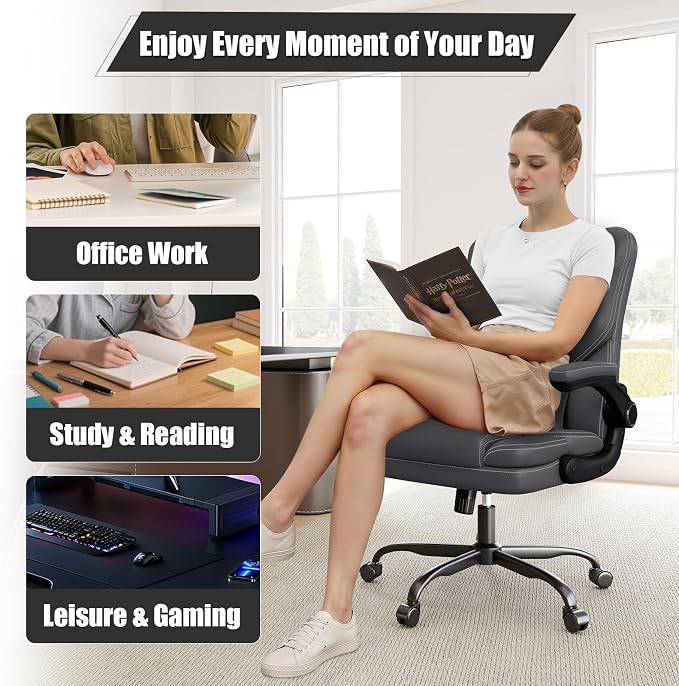 Ergonomic Office Chair with Flip-up Armrests, 300lbs Mid Back Computer Office Desk Chair with Lumbar Support, Executive Leather Chair with Rocking Function Adjustable Height for Home Office