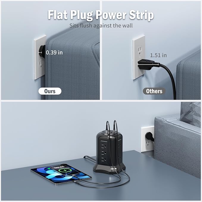 TOPREK Power Strip Surge Protector Tower (2100J) – 10 Outlets, 2 USB-C (20W PD3.0 Fast Charging), 2 USB-A, Flat Plug 6.5FT Extension Cord for Home Office, Dorm, and Multiple Devices Charging Station