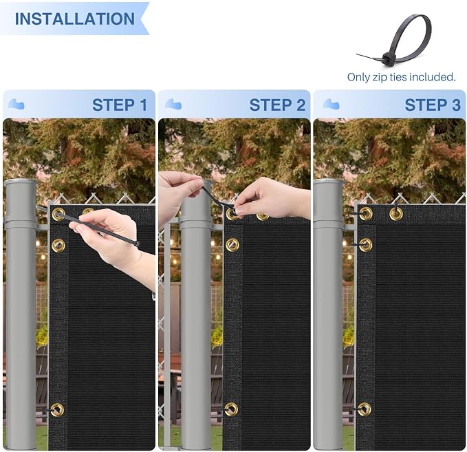 E&K Sunrise 4' x 83' Privacy Fence Screen with Grommets, Outdoor Windscreen Fence Covering Privacy Screen UV Blockage for Backyard Garden Patio, Zip Ties Included (Black)