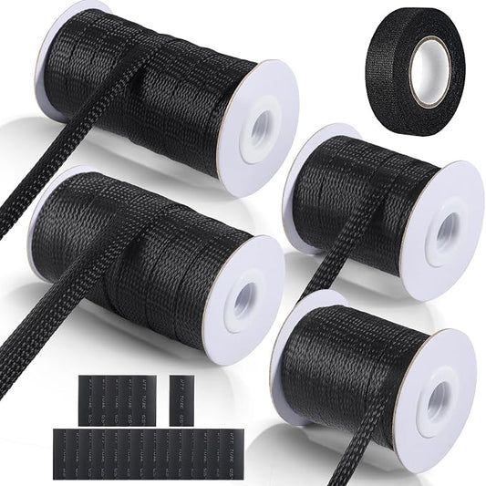 132 ft Expandable Braided Cable Sleeve Wire Loom PET Wiring Sleeving, Mesh Automotive Split Sheathing Wrap Management Heat Shrink for Audio and Other Home Device (1/2 in, 1/4 in, 3/8 in,3/4 in,Black)