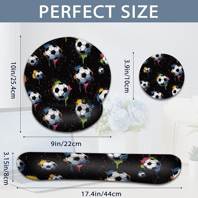 Soccer Keyboard Wrist Rest Pad Ergonomic Mouse Pad Set,3 in 1 Memory Foam Mouse Pad with Non Slip Base for Office and Home
