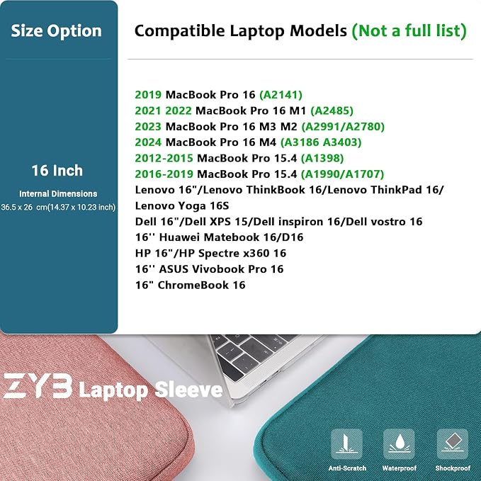 ZYB Laptop Case 16 Inch,16 Inch Laptop Sleeve for 16 Inch Notebook MacBook Pro 16 Lenovo ThinkBook/IdeaPad/ThinkPad HP Dell Acer ASUS etc Waterproof Computer Sleeve with Pocket & Accessory Bag-Teal