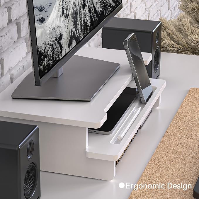 Computer Monitor Stand Riser, 16.5 Inch Wood Desk Shelf Storage Organizer with Phone Tablet Holder, White