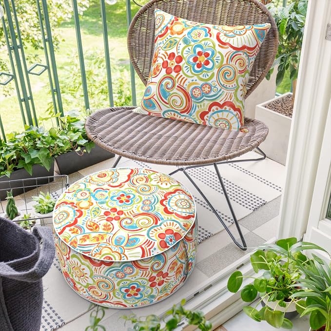 DYTXIII Inflatable Ottoman Stool D21 xH9 for Outdoor/Indoor Use, Water Repellent Patio Foot Rest Stool with Portable Handle,Round Pouf Ottoman Suitable for Garden,Deck and Camping - Flower Red