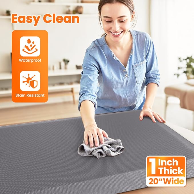 Kitchen Mats for Floor, 1 Inch Extra-Thick Kitchen Rugs, Non-Slip & Waterproof Standing Desk Mat, Comfort Anti Fatigue Mats for Kitchen Floor, Home, Sink, Office (20" X 39", Grey)