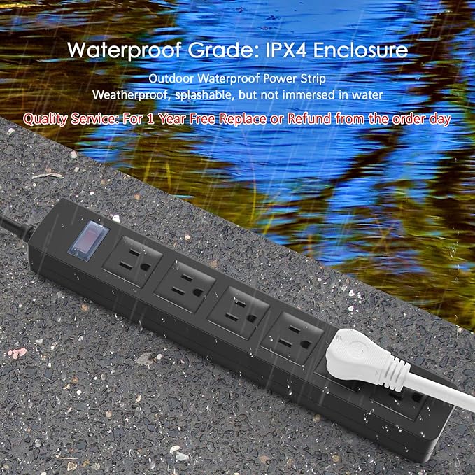 Outdoor Power Strip Waterproof with 6 Outlets, Garden Weatherproof Surge Protector, Christmas Multiple Outlet Exterior Socket for Lighting Appliances. 15FT Extension Cord Strip with Flat Plug. Black