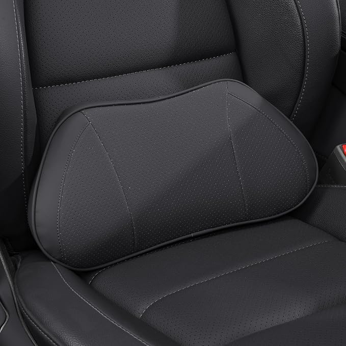 Lumbar Support Pillow for Car, Premium Leather Memory Foam Lumbar Cushion for Lower Back Pain Relief, Universal Back Support for Driving, Home & Office Chairs, Black, 1 Pack