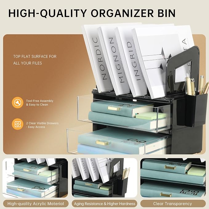 CiWiVOKi Desk Organizer with 4 File Holder Slots, 2 Clear Drawers & Dual Pen Holders, Sturdy Multi-Functional Desktop Storage for Home Office, Mail Sorter & Caddy, Black