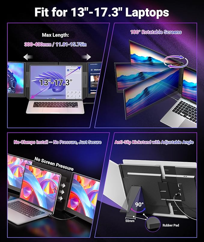 15.6" One-Cable Laptop Screen Extender, Ultra-Thin 1080P FHD Triple Portable Monitor, Travel Monitor for 13–17.3" Laptops, USB-C/USB-A Connection, Dual Monitor Compatible with Mac/Windows/Android/Dex